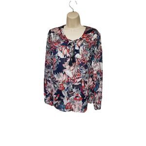 Faded Glory Women's Metallic Floral Blouse/Top Red Blue & Silver Small(4-6)